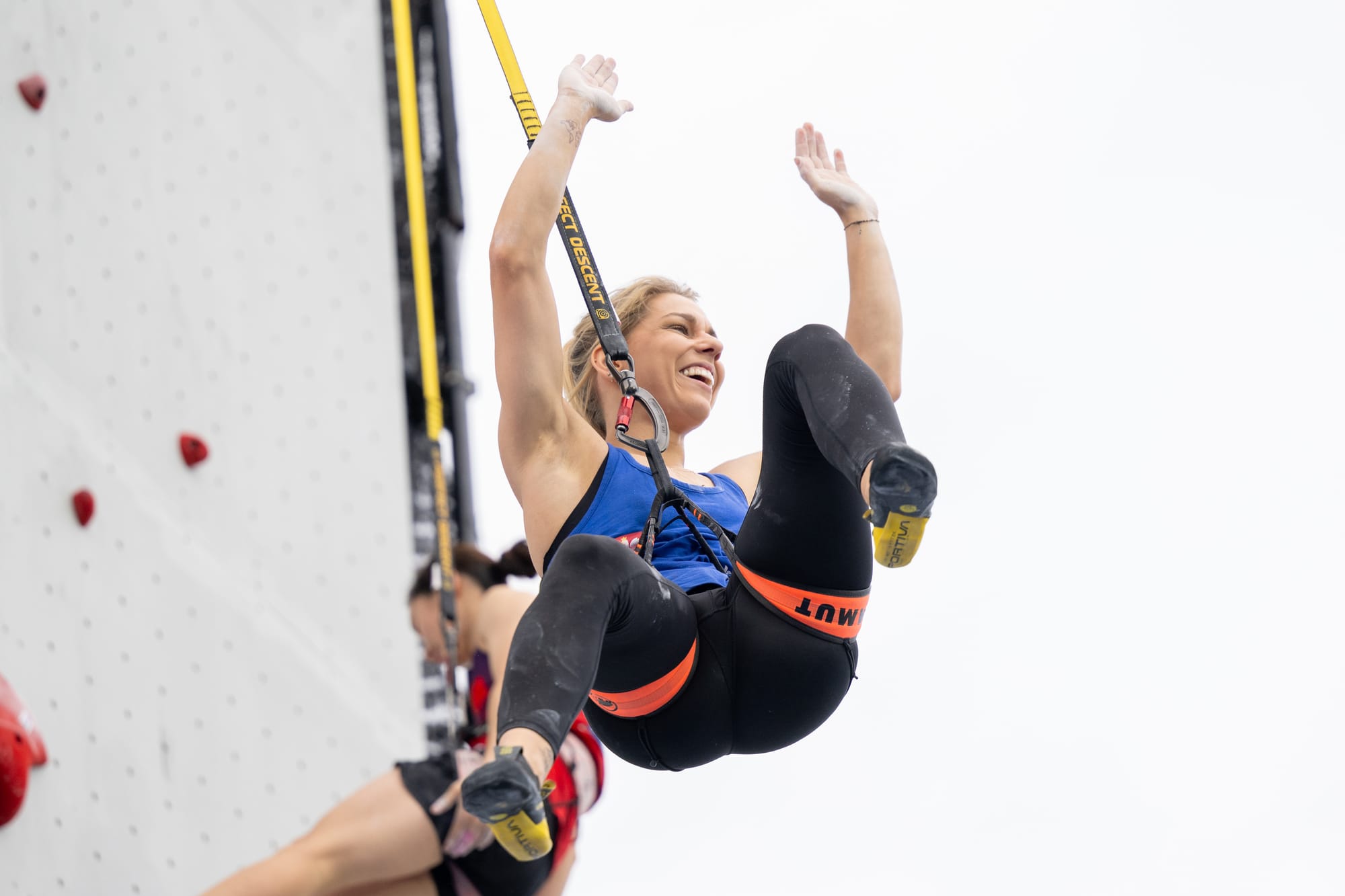 Miroslaw celebrates the win on her way down from the top of the wall