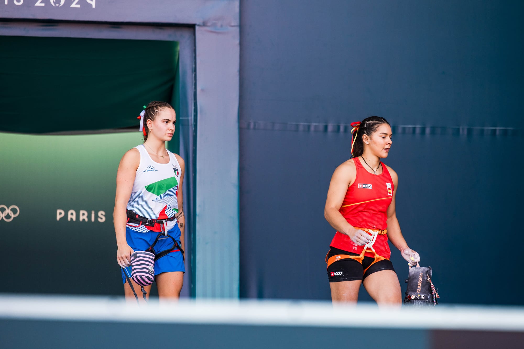 Beatrice Colli and Leslie Adriana Romero Pérez coming out to race in the elimination stage at the Olympics