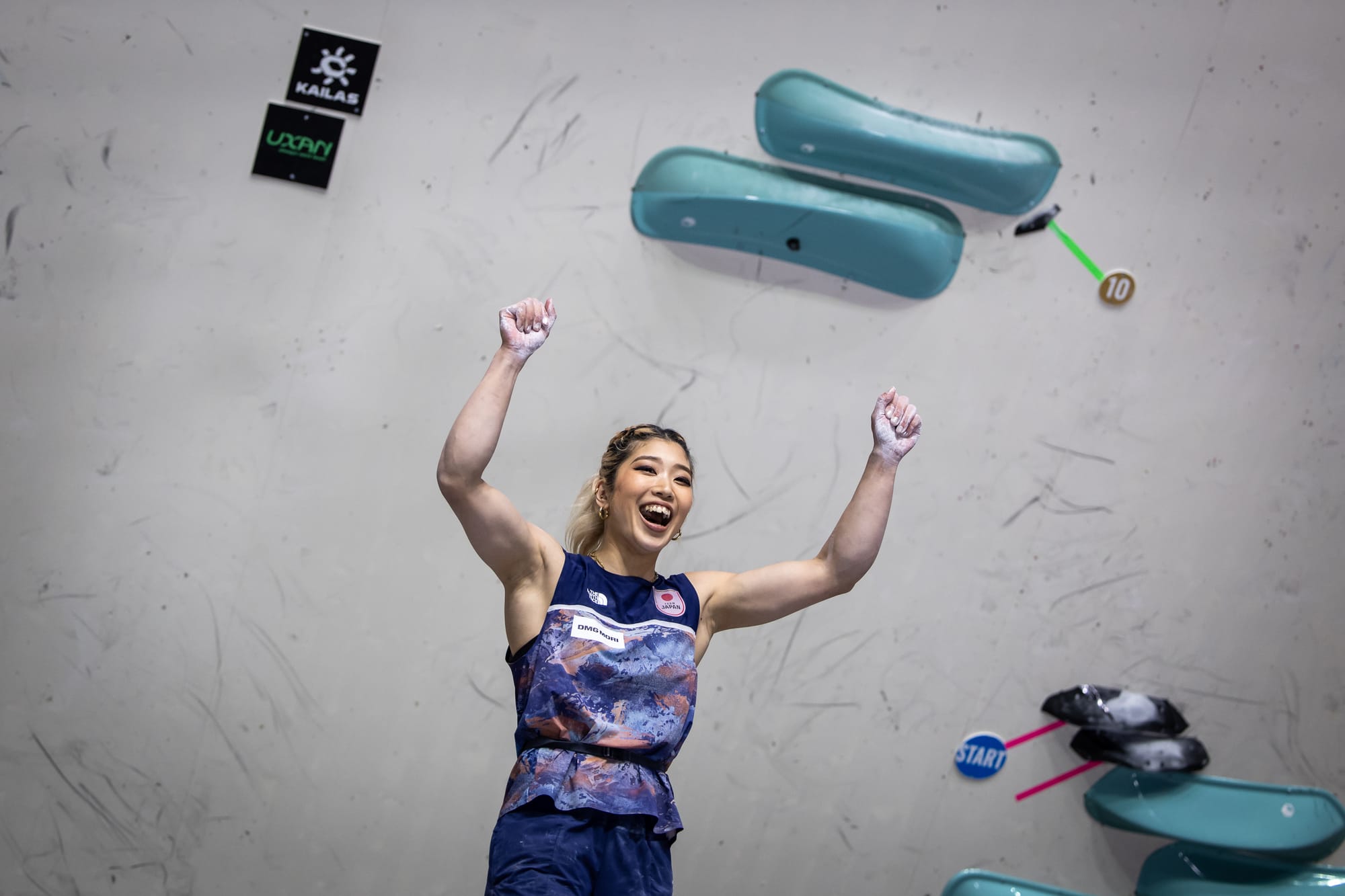 Miho Nonaka celebrating after topping the 3rd physical boulder